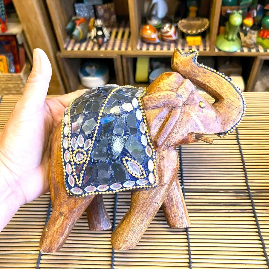 ゾウ 置物 木製 ビーズ ガラス 綺麗 インド アジアン オブジェ 象