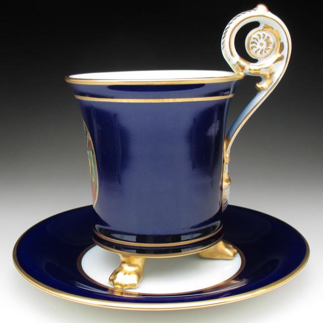 フッチェンロイター コバルト金彩人物風景絵 カップ＆ソーサー
