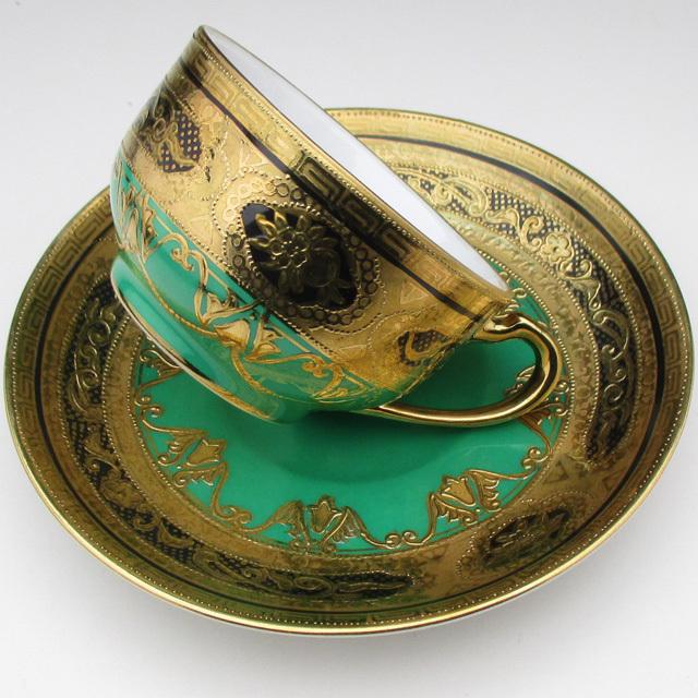 ノリタケ オールドノリタケ グリーン地金盛り カップ＆ソーサー （a