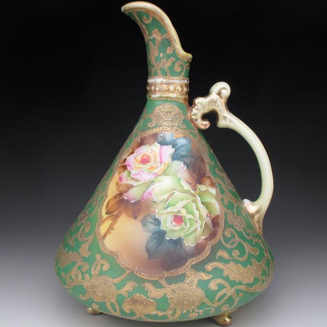 ノリタケ オールドノリタケ グリーン地金盛り薔薇絵 水差し ピッチャー