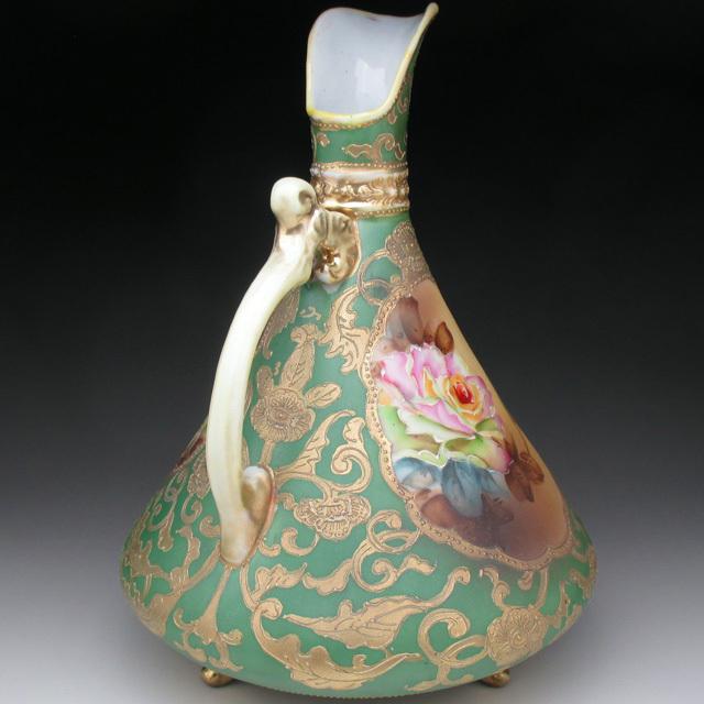 ノリタケ オールドノリタケ グリーン地金盛り薔薇絵 水差し ピッチャー