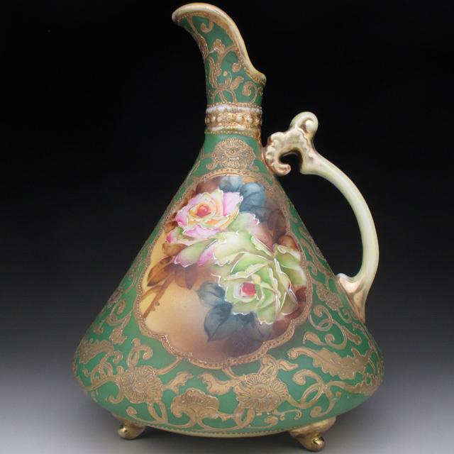 ノリタケ オールドノリタケ グリーン地金盛り薔薇絵 水差し ピッチャー