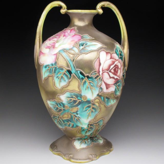 ノリタケ オールドノリタケ 金盛り薔薇絵 花瓶 22cm : アンティーク
