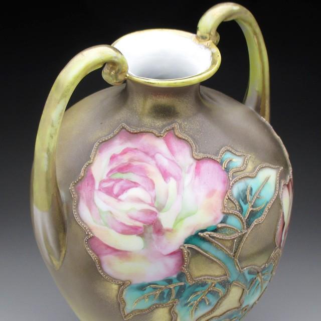 ノリタケ オールドノリタケ 金盛り薔薇絵 花瓶 22cm : アンティーク