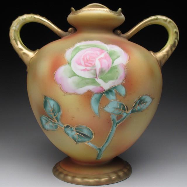 ノリタケ オールドノリタケ 茶地金盛り薔薇絵 花瓶 : アンティーク