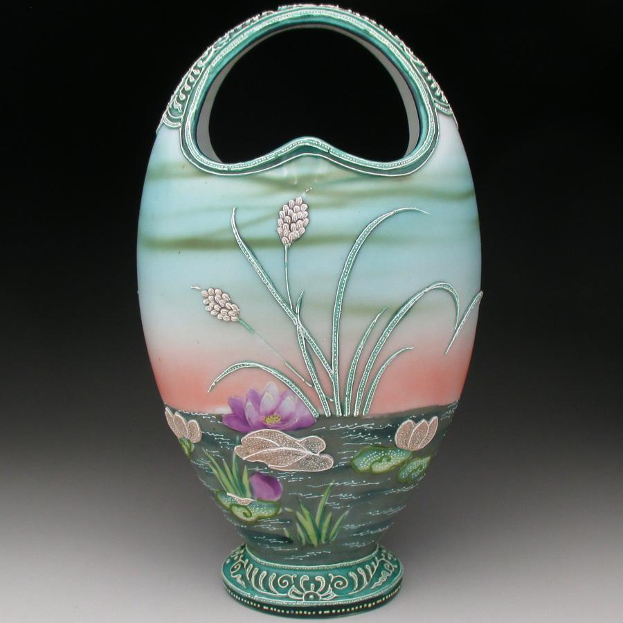 ノリタケ オールドノリタケ 盛り上げ白鳥絵 花瓶 22cm : アンティーク