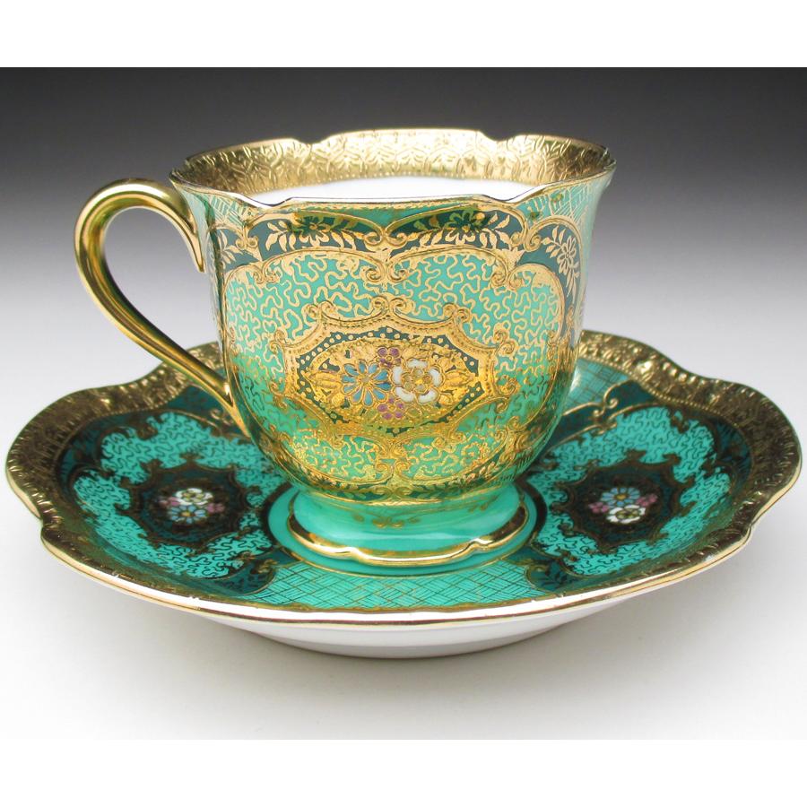 ノリタケ オールドノリタケ グリーン地金盛り花文 カップ＆ソーサー (b