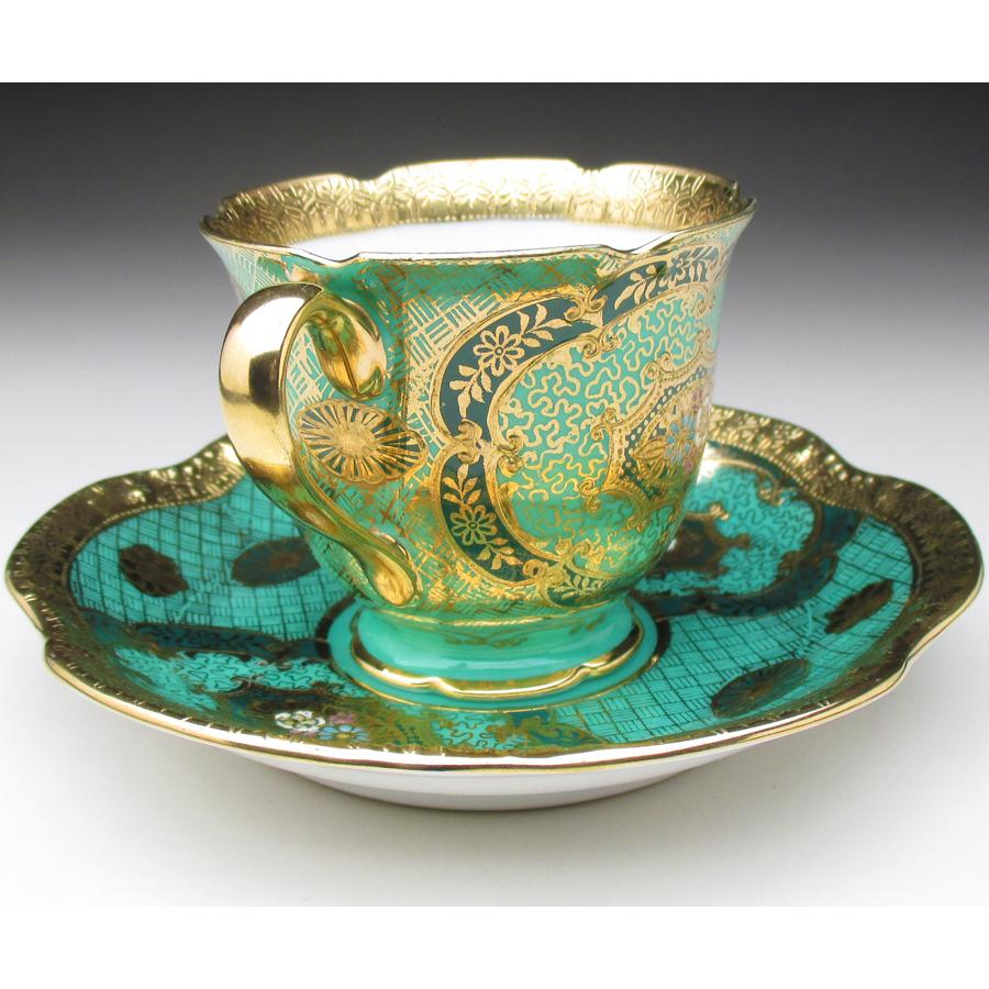 ノリタケ オールドノリタケ グリーン地金盛り花文 カップ＆ソーサー (b