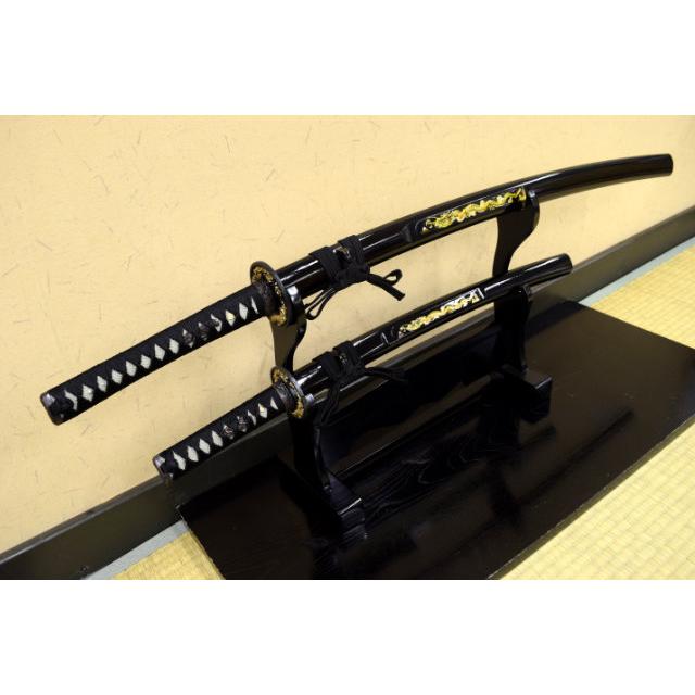 模造刀 彫金 竜黒 大刀 小刀セット 刀身竜彫 クリーニングクロス付