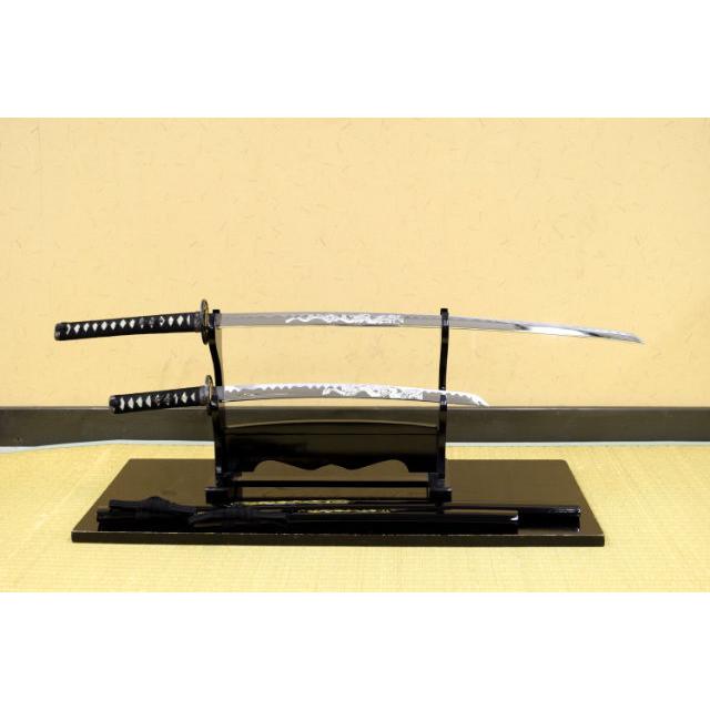 模造刀 彫金 竜黒 大刀 小刀セット 刀身竜彫 クリーニングクロス付