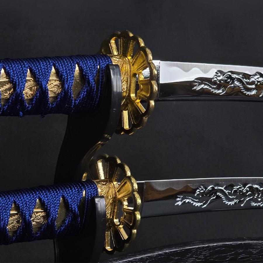 模造刀 ミニミニ竜3点セット マーブル 青 刀掛台付 刀身竜彫