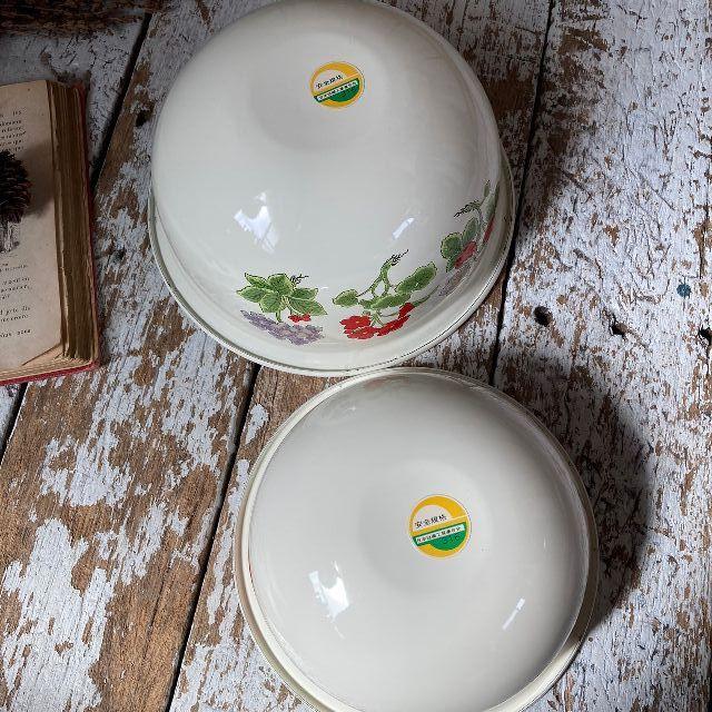 ≫ヴィンテージ デッド 未使用*ワカバト*フラワー ホーロー ボウル 2点