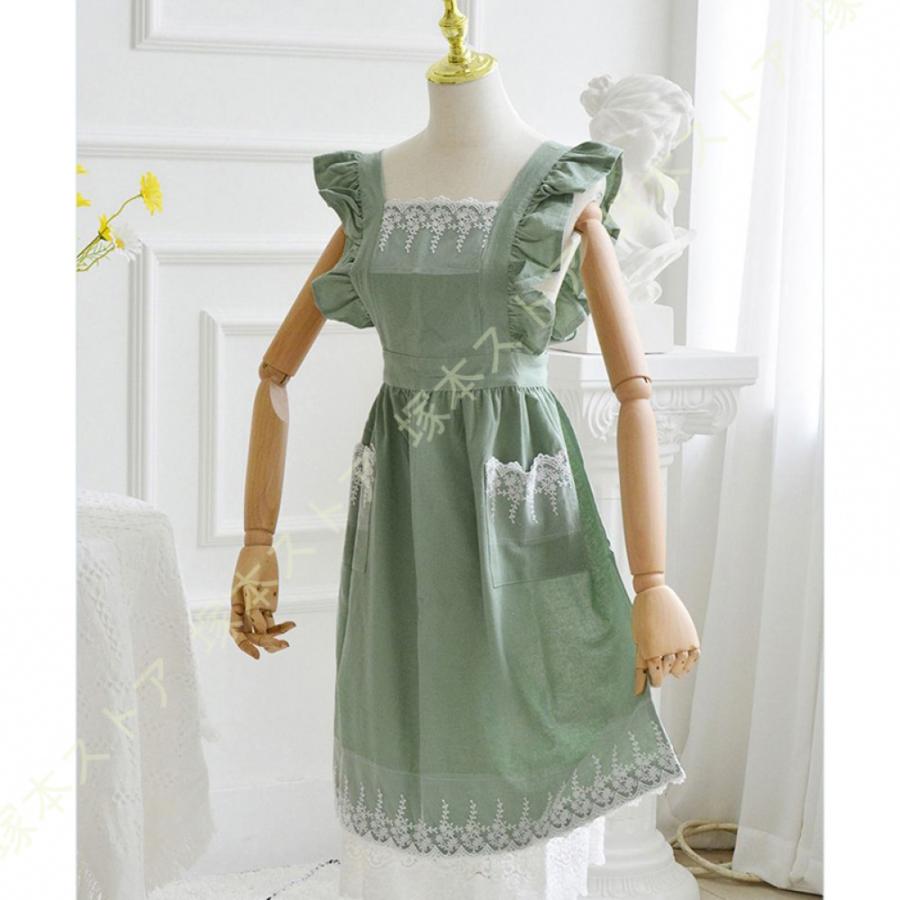 エプロン ロング 綿 ドレス X型 フリル 姫 メイド ポケット 肩掛け
