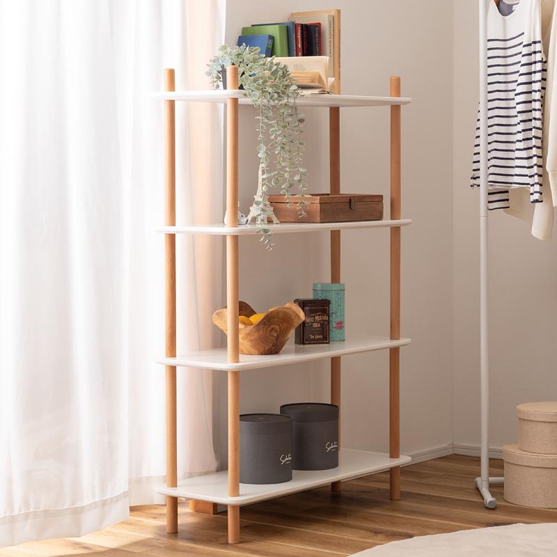 東谷 ラック 棚 収納 4段 白 ホワイト 木製 脚 支柱 飾り棚 オープン