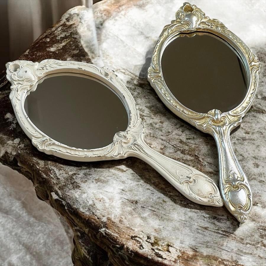 アンティークレリーフ 手鏡 ハンドミラー シャンパンゴールド ホワイト