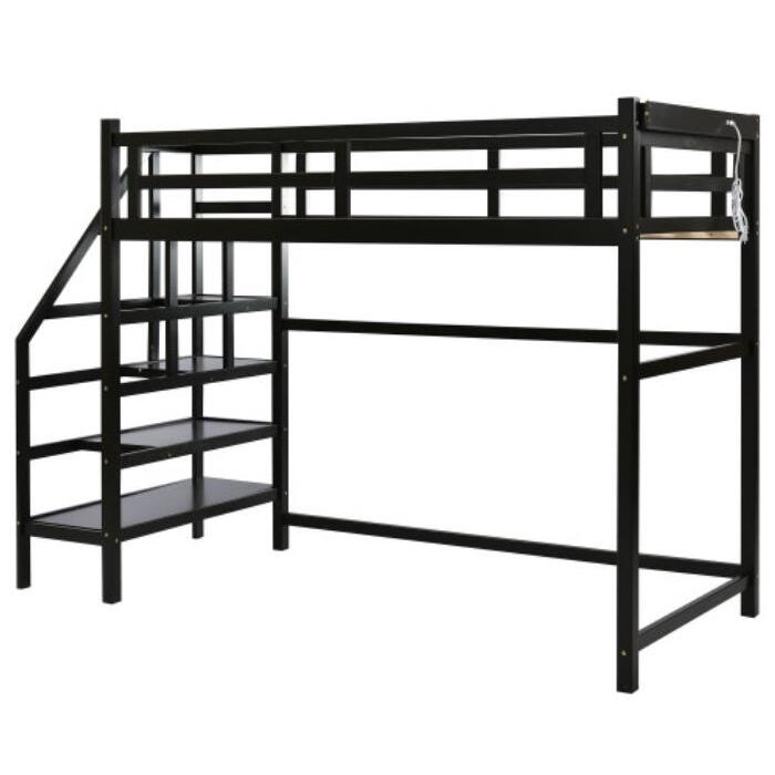 ロフトベッド 階段付き 天然木 コンセント付き シングル 宮付き 収納棚