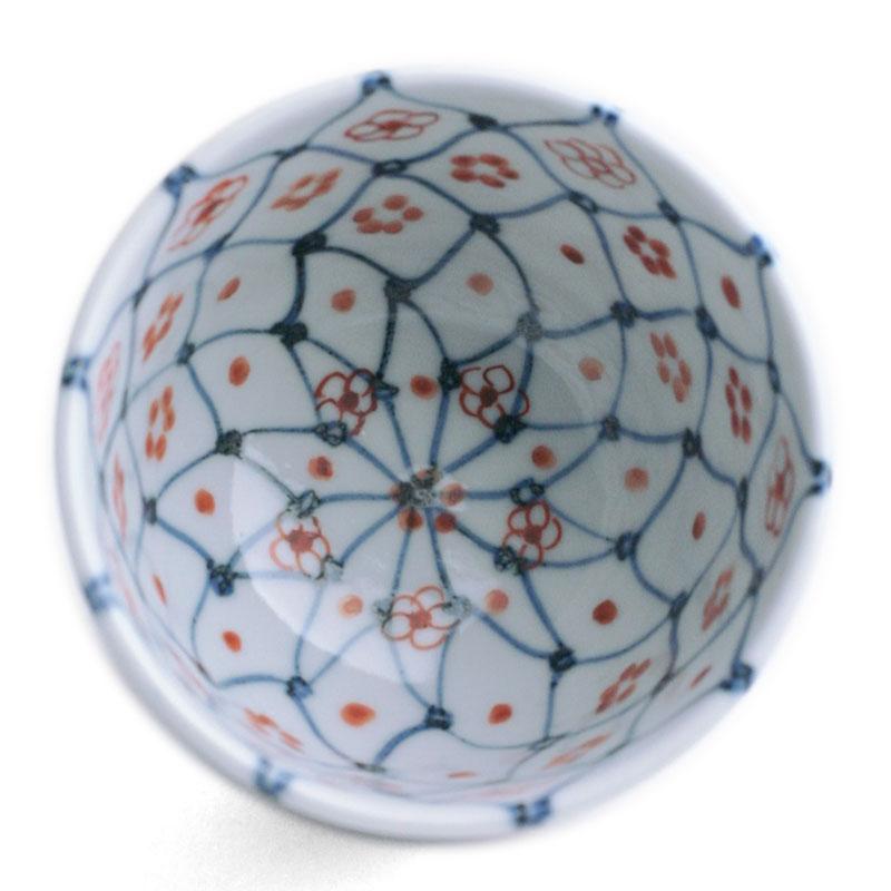 九谷焼：天啓赤絵花網文茶碗・須田菁華《汲出・ぐい呑み・8.5cm》 : 和