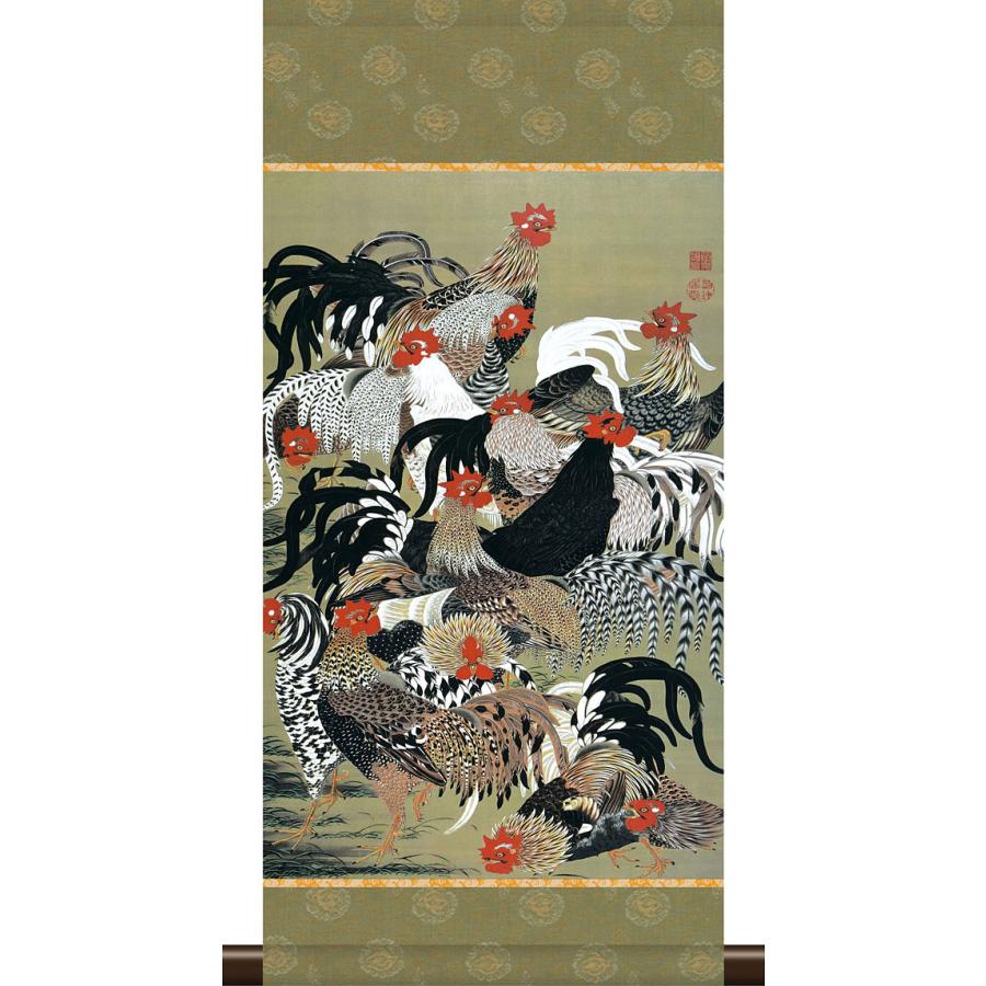 掛軸 掛け軸 和風モダン掛 群鶏図 伊藤若冲 約横28cm×縦60cm ミニ