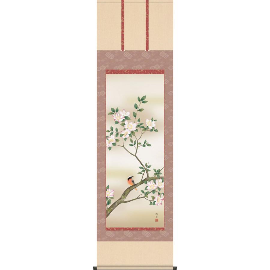 掛軸 (掛け軸) 冬用 山茶花に小鳥 長江桂舟 尺五立 約横54.5cm×縦190cm