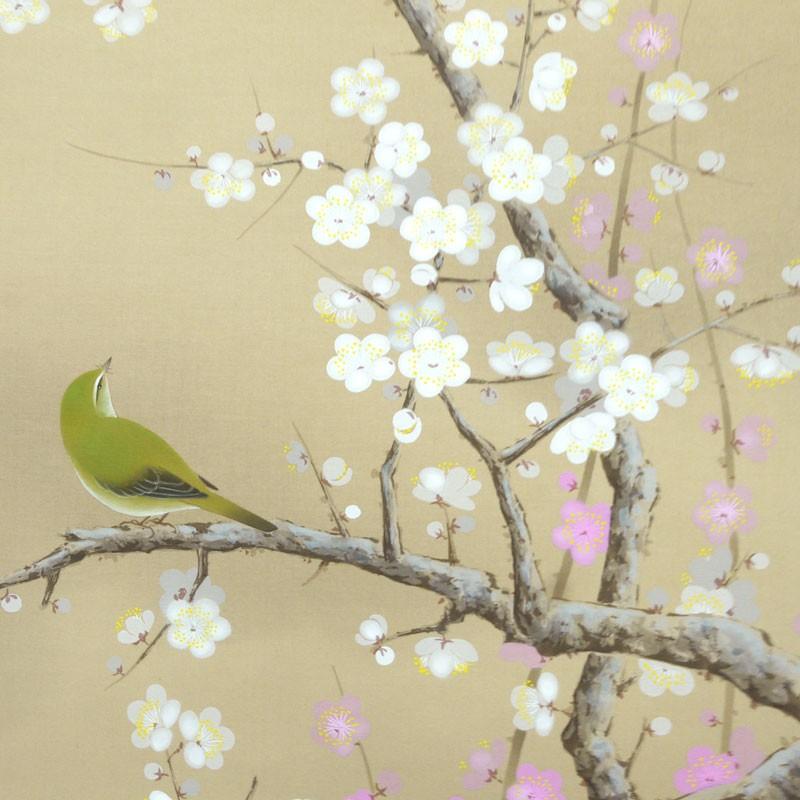 掛軸 (掛け軸) 春用 紅白梅に鶯 北条静香 尺五立 約横54.5cm×縦190cm