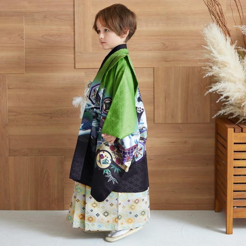 七五三 着物 レンタル 753 5歳 男の子 緑 鷹に波と菱格子 端午の節句