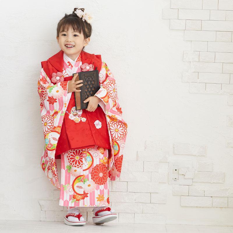 七五三 着物レンタル 3歳 753 女の子 フルセット 被布 赤×白・ピンク