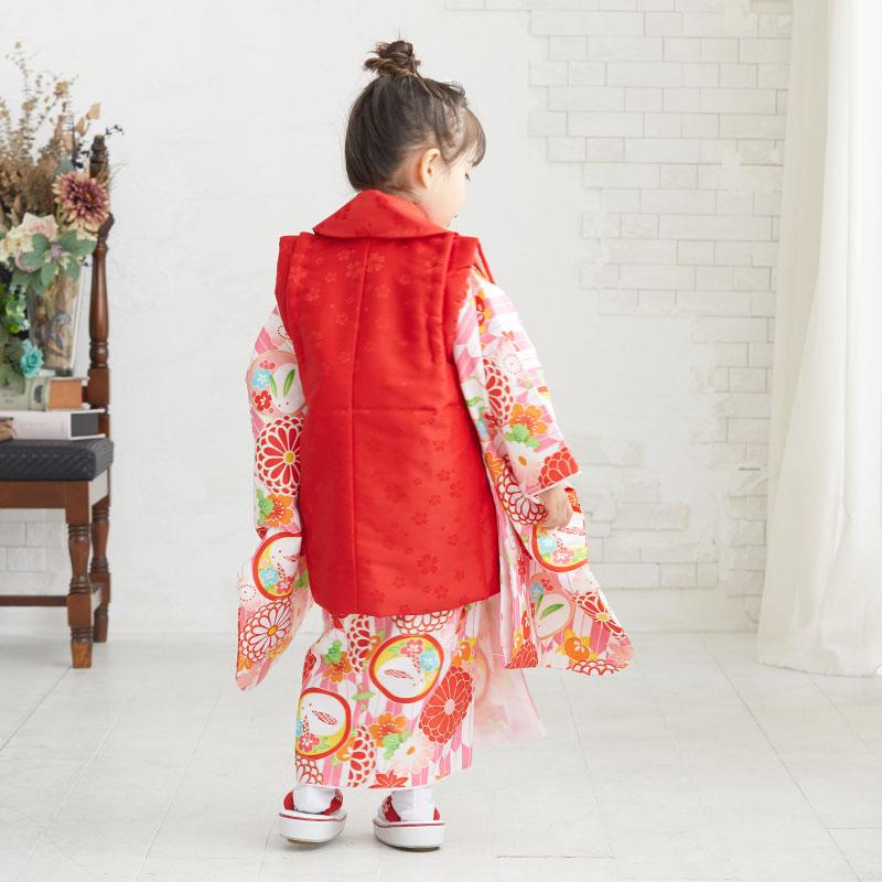 七五三 着物レンタル 3歳 753 女の子 フルセット 被布 赤×白・ピンク