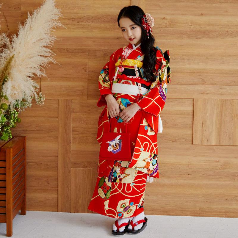七五三 7歳着物 レンタル フルセット 紅一点 ブランド着物 赤 扇面に