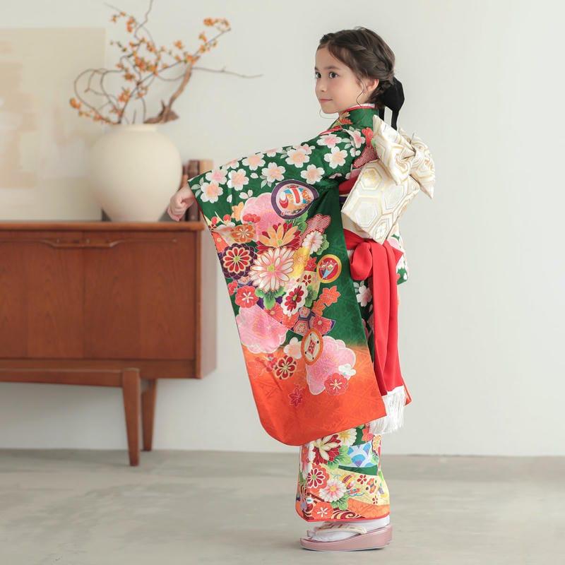 七五三 7歳着物 レンタル フルセット 緑 熨斗に花車 女の子 七歳 753