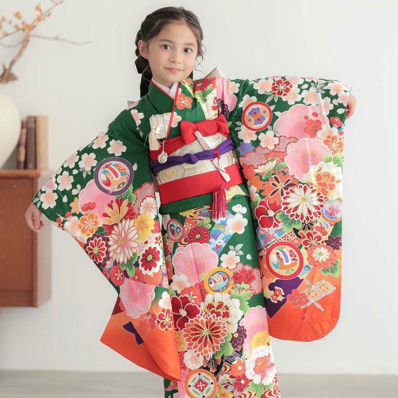 七五三 7歳着物 レンタル フルセット 緑 熨斗に花車 女の子 七歳 753