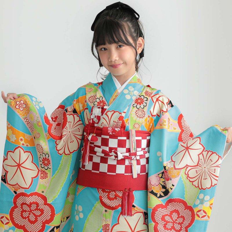 七五三 7歳着物 レンタル フルセット 紅一点 ブランド着物 水色 紅梅に