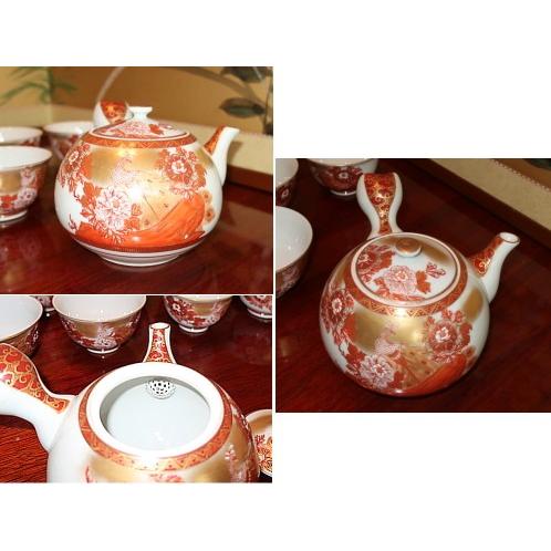 九谷焼 茶道具 十客茶器揃（急須・碗10ヶ入） 本金赤牡丹孔雀 錦苑作