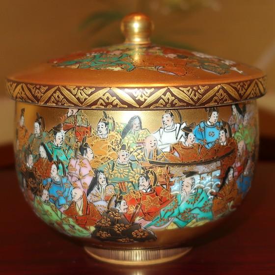 九谷焼 茶道具 蓋付茶碗 百人一首（細字入り）中田錦峰，橋田無聖作