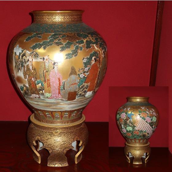 九谷焼 【故物】花瓶 陶器 特大台付花瓶（24号高さ74cm)）本金割取 七