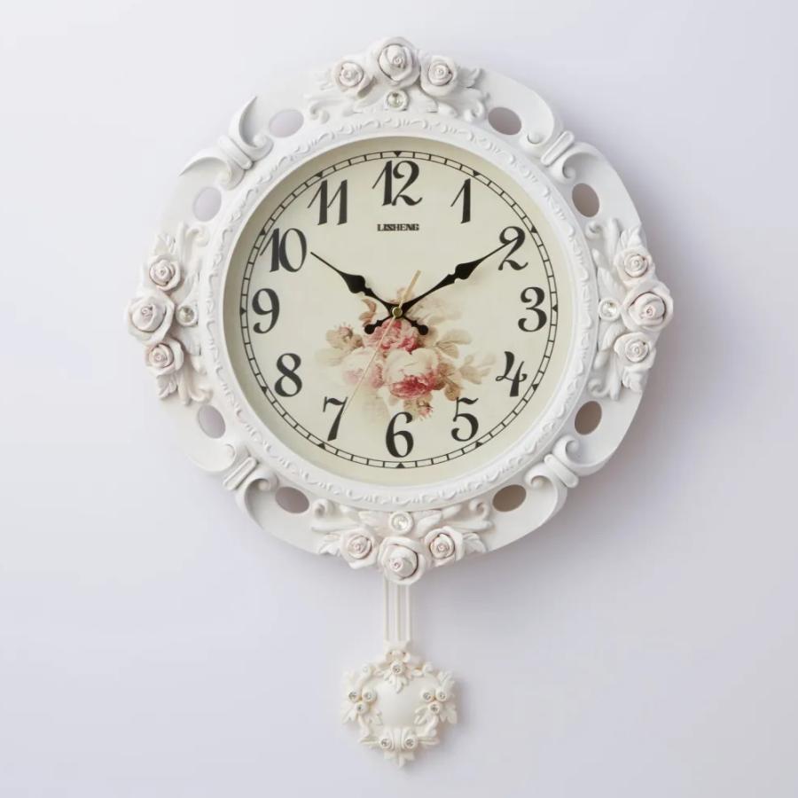 壁掛け時計 薔薇 振り子時計 ウォールクロック ホワイト ローズ振子