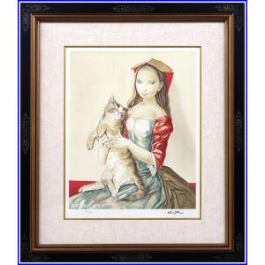 藤田嗣治 レオナール・フジタ パリの屋根の前の少女と猫 リトグラフ