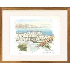 絵画 版画 鈴木新・イアの家並 ギリシア・サントリーニ島 風景画