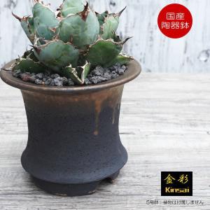 陶器鉢 植木鉢 5号 底穴あり 金彩高脚 ブラック サナ無し 園芸鉢