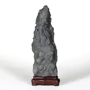 水石 「筑前真黒石」 盆石 天然石 観賞石 岩潟石 すいせき 台座付き