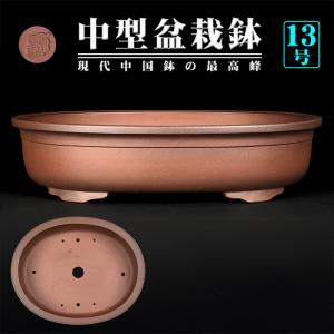 盆栽鉢 舟山竹節楕円鉢 植木鉢 泥鉢 17号 51cm 紫泥 落款あり 手づくり