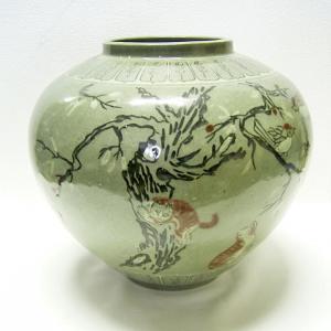 李朝 青花草花文壺 全高38cm 韓国 朝鮮 陶磁器 希少 花瓶 白磁 染付