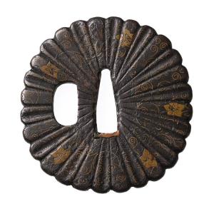 刀装具 f-32 縁頭 花と蝶の図 赤銅地金象嵌 鍔・刀装具 : 日本刀販売の