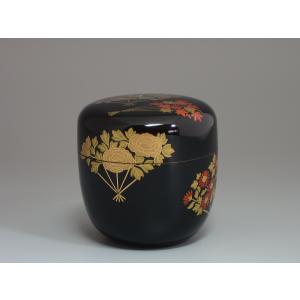 鶴蒔絵黒平棗 淡々斎在判・箱書付 内銀溜塗 鈴木表朔造 共箱 : 茶道具