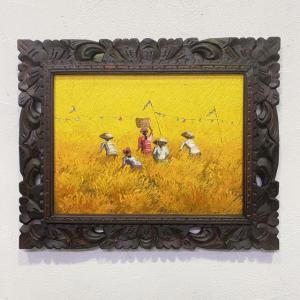 バリ絵画 稲刈り 風景画 W63cm×H33cm アジアン アート バリ ウブド