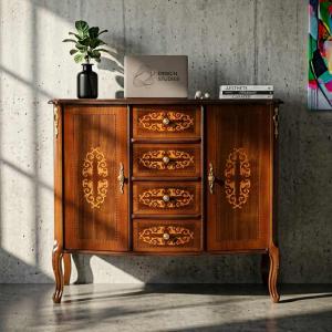 チェスト 木製 5段 完成品 茶 58cm 象嵌 ロココ調 イタリア 家具 猫脚