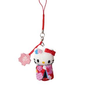 ハローキティ はろうきてぃ日本人形 ちりめん根付け ピンク（玉飾り