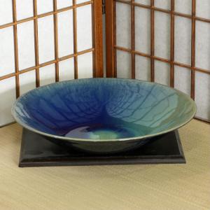 信楽焼 水盤 花器 13号 藍 斑点 ソリ 丸 陶器 池坊 嵯峨御流 生け花