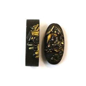 刀装具 m-5 目貫 楠木正成・正行別れの図 赤銅金色絵 鍔・刀装具