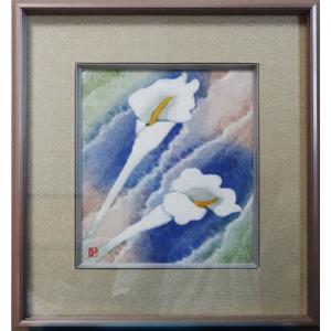 山内一生 「さぎ草」 工藝(小原和紙）4号 額装 花鳥 夏 : 書画肆