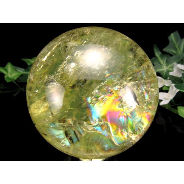 ほぼ全面 虹入り S級 レインボー シトリン 丸玉 座付き 直径約71mm 重